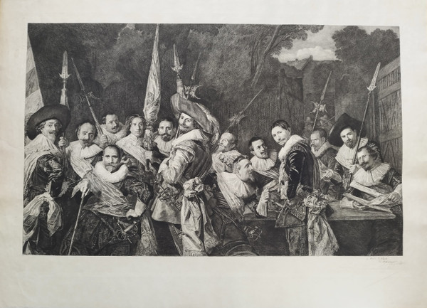 Kupferstich nach einem flämischen Gemälde von Frans Hals. Treffen der Offiziere