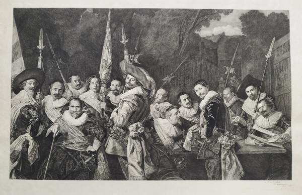 Kupferstich nach einem flämischen Gemälde von Frans Hals. Treffen der Offiziere