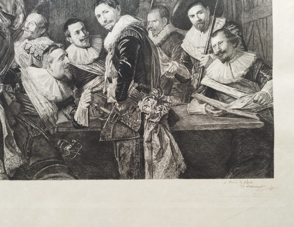 Kupferstich nach einem flämischen Gemälde von Frans Hals. Treffen der Offiziere
