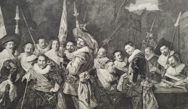 Kupferstich nach einem flämischen Gemälde von Frans Hals. Treffen der Offiziere