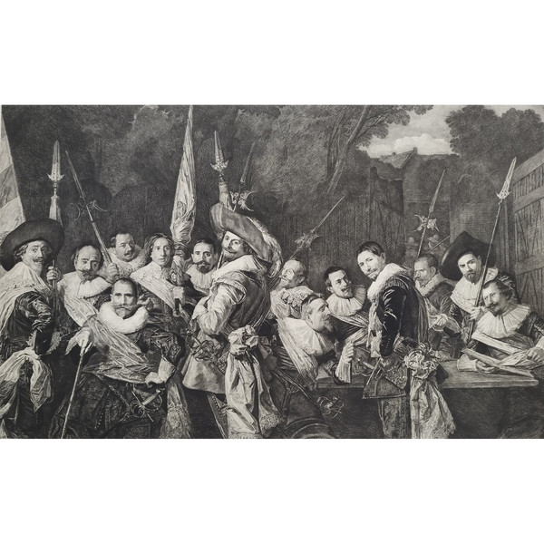 Kupferstich nach einem flämischen Gemälde von Frans Hals. Treffen der Offiziere