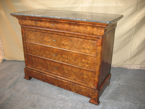 Cassettone d'epoca restauro in noce e radica di noce a 5 cassetti, epoca '800