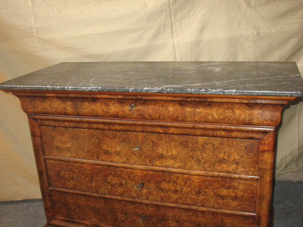 Cassettone d'epoca restauro in noce e radica di noce a 5 cassetti, epoca '800