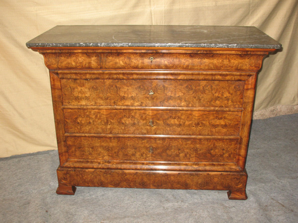 Cassettone d'epoca restauro in noce e radica di noce a 5 cassetti, epoca '800