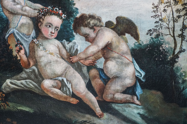 "Putti vendangeurs" and "Putti à la couronne de fleurs". Pair of oils on canvas. French school