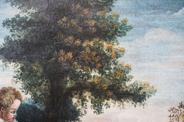 "Putti vendangeurs" and "Putti à la couronne de fleurs". Pair of oils on canvas. French school