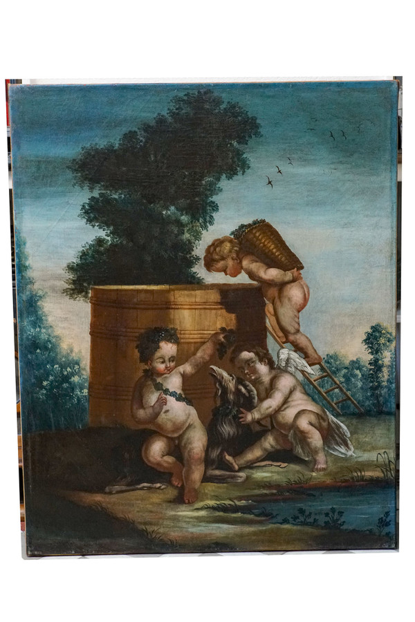 "Putti vendangeurs" and "Putti à la couronne de fleurs". Pair of oils on canvas. French school