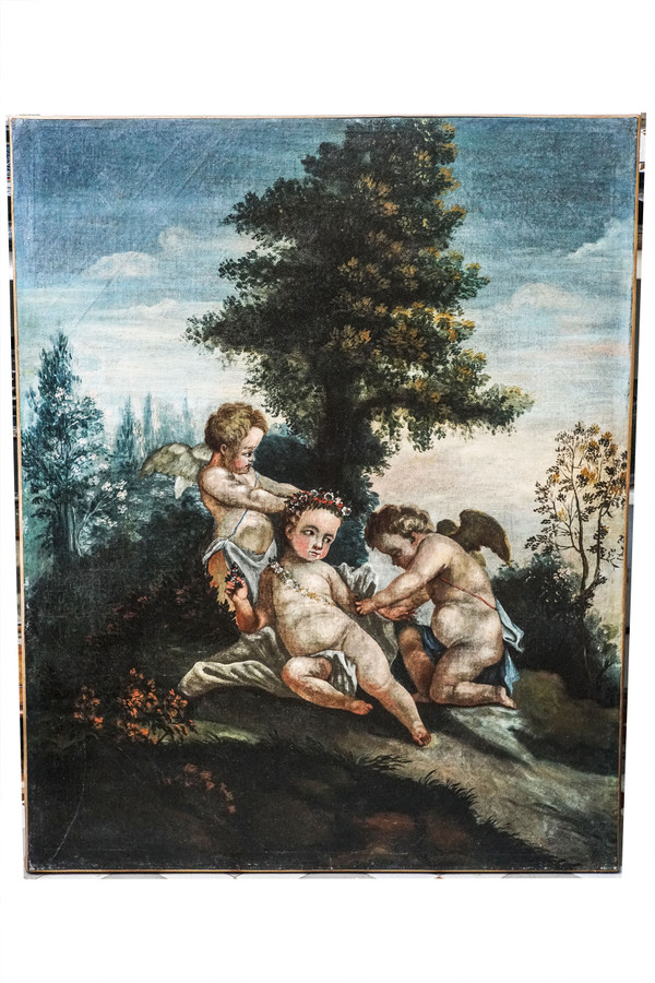 "Putti vendangeurs" and "Putti à la couronne de fleurs". Pair of oils on canvas. French school