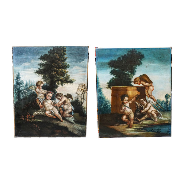 "Putti raccoglitori" e "Putti con corona di fiori". Coppia di oli su tela. Scuola francese