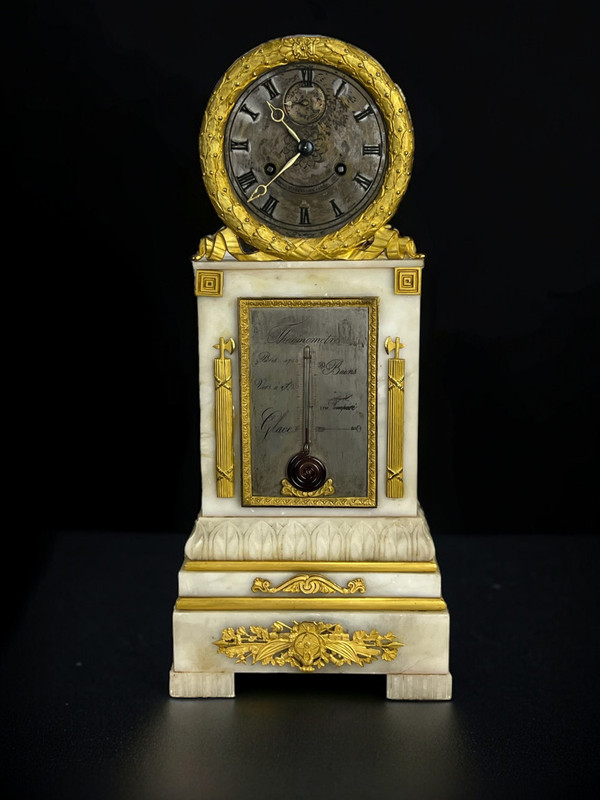 CHARLES X PERIOD CLOCK WITH ALABASTER AND GILT BRONZE THERMOMETER