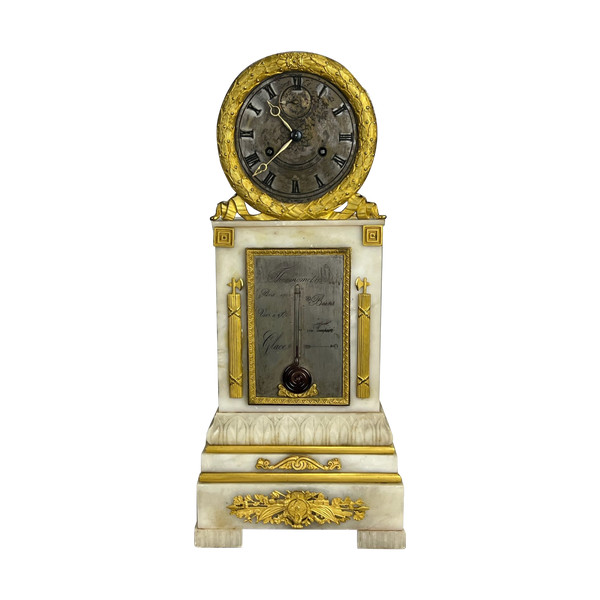 PENDULE BORNE ÉPOQUE CHARLES X FAISANT THERMOMÈTRE EN ALBÂTRE ET BRONZE DORÉ