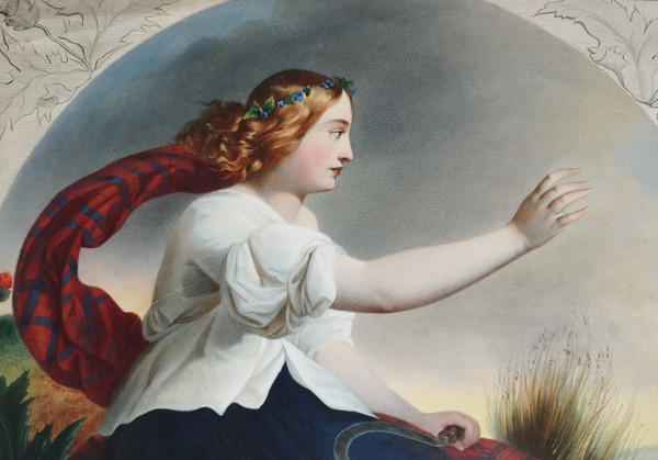 Cérès Allégorie De l'été Lithographie Aquarellée 19ème