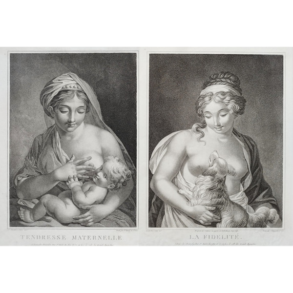 Paire De Gravures Allegoriques  Fidélité  Et Maternité Néo Classique d'époque Empire 19ème