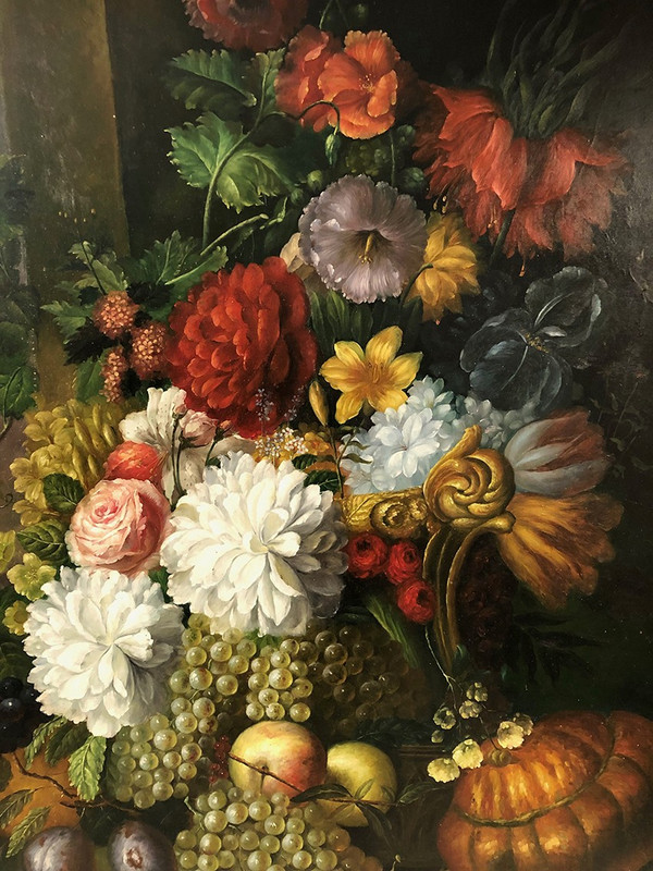 Peter Brooks. Enorme natura morta con fiori e frutta. Olio su tela 20° secolo. 2,2 m x 1,7 m