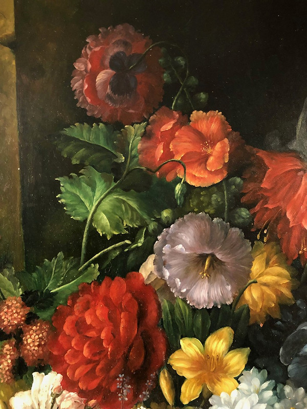 Peter Brooks. Enorme natura morta con fiori e frutta. Olio su tela 20° secolo. 2,2 m x 1,7 m