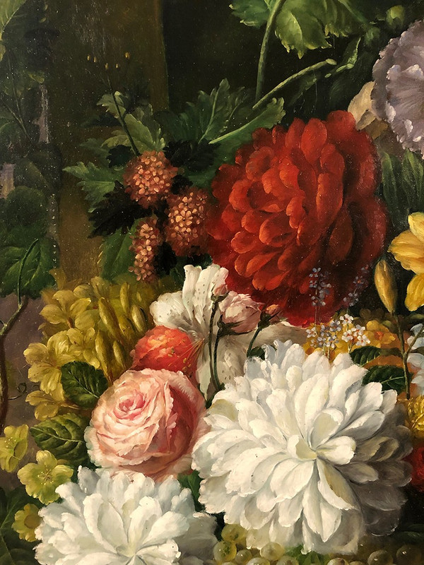 Peter Brooks. Enorme natura morta con fiori e frutta. Olio su tela 20° secolo. 2,2 m x 1,7 m
