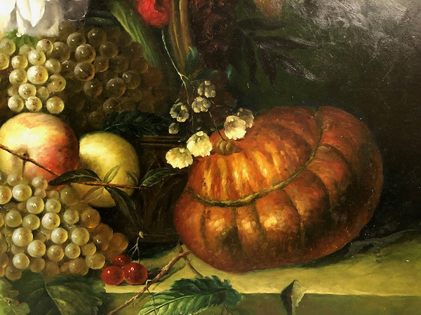Peter Brooks. Enorme natura morta con fiori e frutta. Olio su tela 20° secolo. 2,2 m x 1,7 m