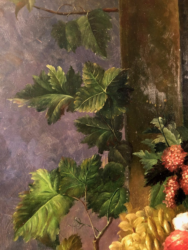 Peter Brooks. Enorme natura morta con fiori e frutta. Olio su tela 20° secolo. 2,2 m x 1,7 m