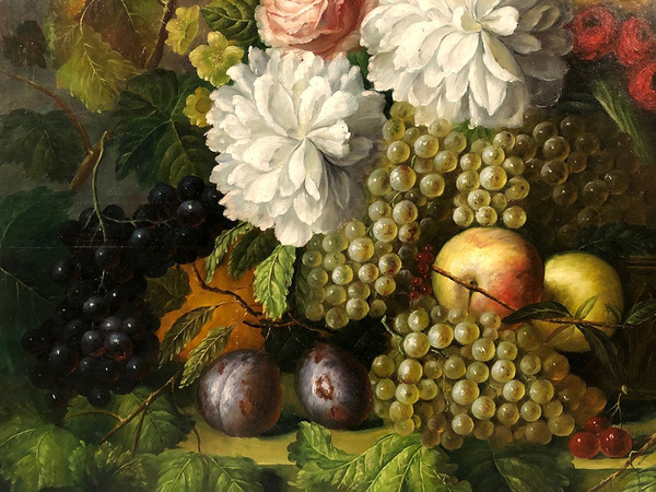 Peter Brooks. Enorme natura morta con fiori e frutta. Olio su tela 20° secolo. 2,2 m x 1,7 m