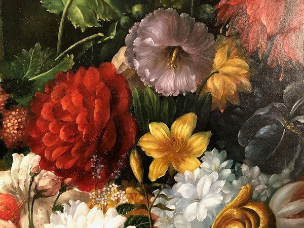 Peter Brooks. Enorme natura morta con fiori e frutta. Olio su tela 20° secolo. 2,2 m x 1,7 m