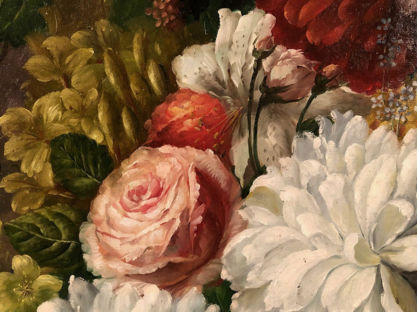 Peter Brooks. Enorme natura morta con fiori e frutta. Olio su tela 20° secolo. 2,2 m x 1,7 m