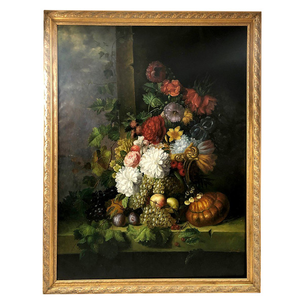 Peter Brooks. Immense nature morte aux fleurs et aux fruits. Huile sur toile XXe. 2,2 m x 1,7 m