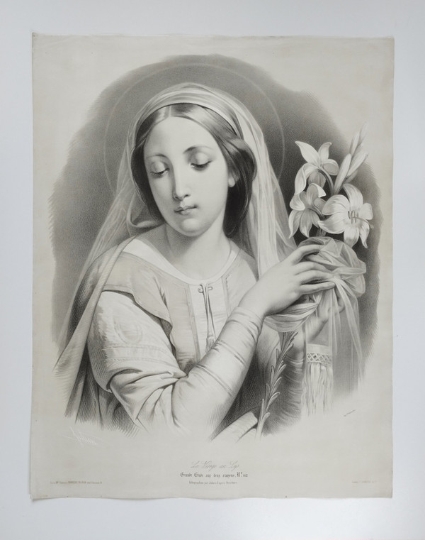 Virgin With Lilies Large Lithograph By Julien 19th C Old Print