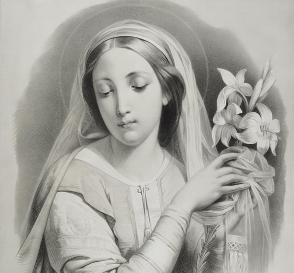 Virgin With Lilies Large Lithograph By Julien 19th C Old Print