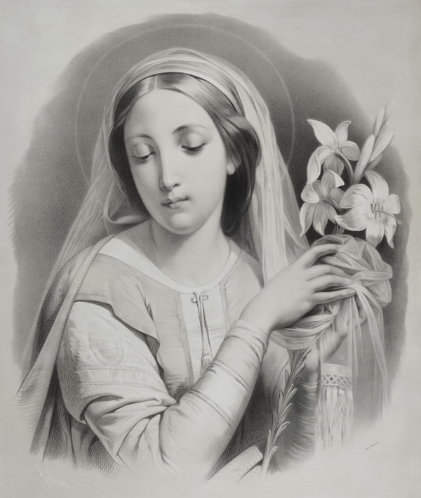 Virgin With Lilies Large Lithograph By Julien 19th C Old Print