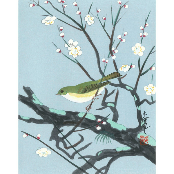 Ohno Bakufu 大野麦風, estampe japonaise Shin-hanga, Oiseau dans des branchages fleuris 