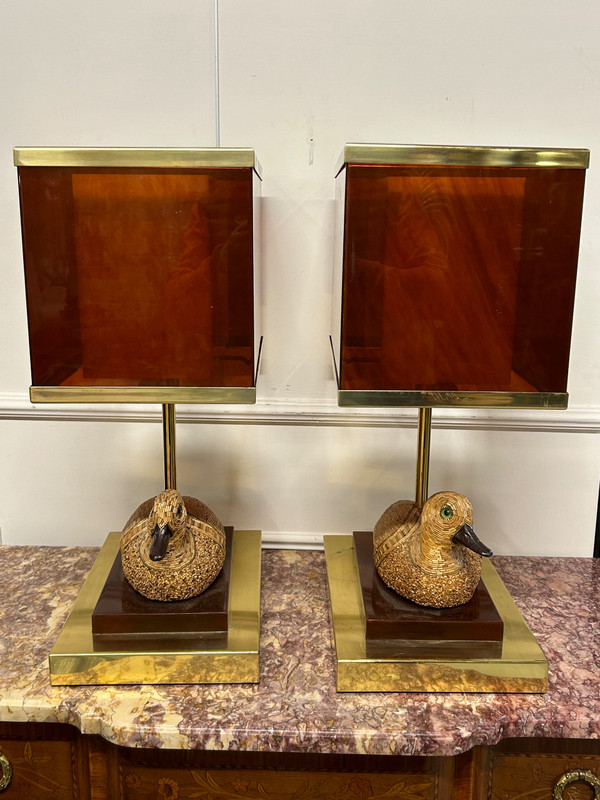 Coppia di lampade a forma di anatra in ottone e bachelite degli anni '70