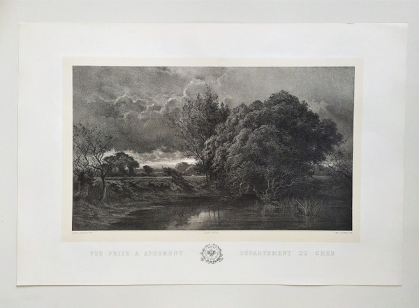 French Landscape View Of Apremont Cher Lithograph By Emile Vernier After Charles Sauvageot Old Print