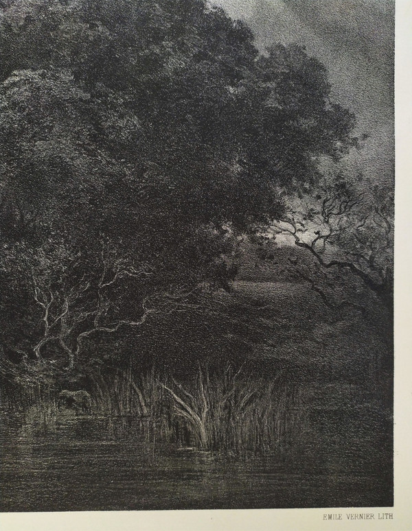 French Landscape View Of Apremont Cher Lithograph By Emile Vernier After Charles Sauvageot Old Print