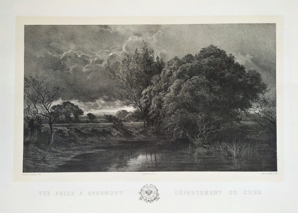 French Landscape View Of Apremont Cher Lithograph By Emile Vernier After Charles Sauvageot Old Print