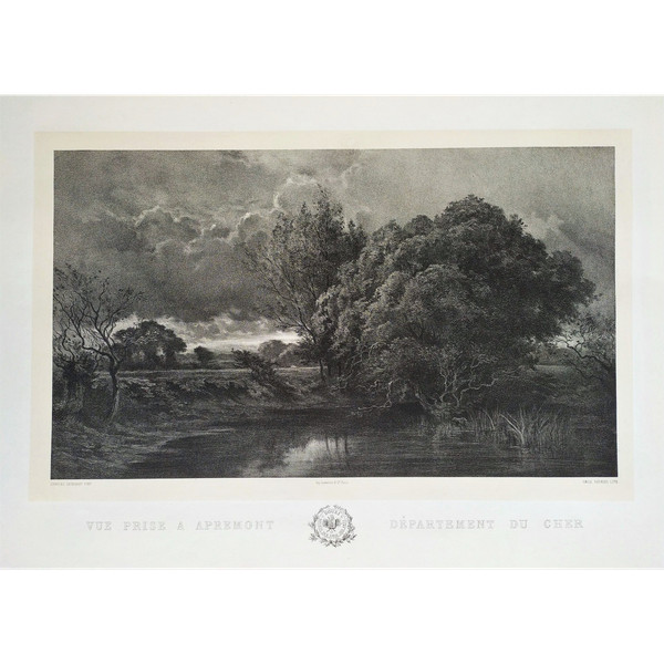 French Landscape View Of Apremont Cher Lithograph By Emile Vernier After Charles Sauvageot Old Print