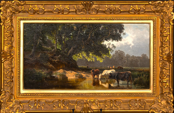Cows at drinking trough, Oil on panel by Josef Wenglein (1845 - 1919)