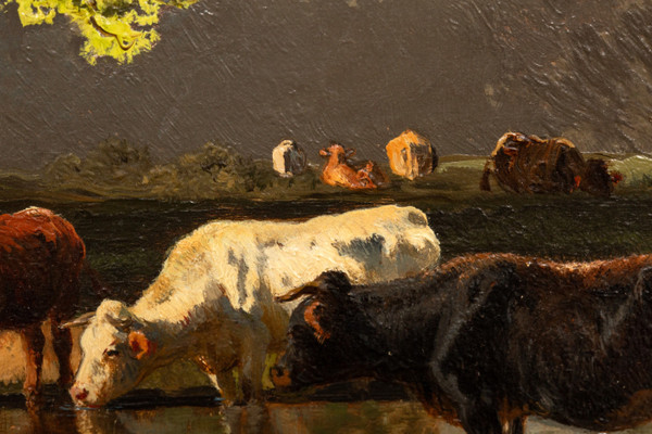 Cows at drinking trough, Oil on panel by Josef Wenglein (1845 - 1919)