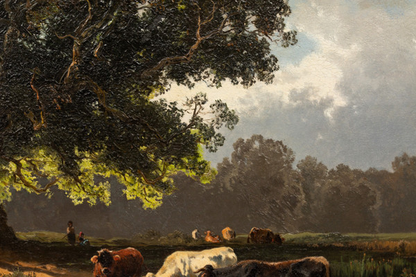 Cows at drinking trough, Oil on panel by Josef Wenglein (1845 - 1919)