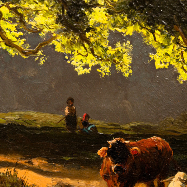 Cows at drinking trough, Oil on panel by Josef Wenglein (1845 - 1919)