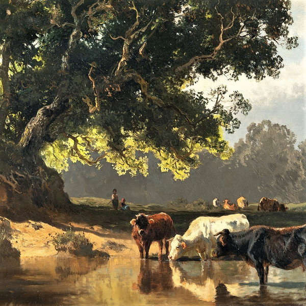 Cows at drinking trough, Oil on panel by Josef Wenglein (1845 - 1919)