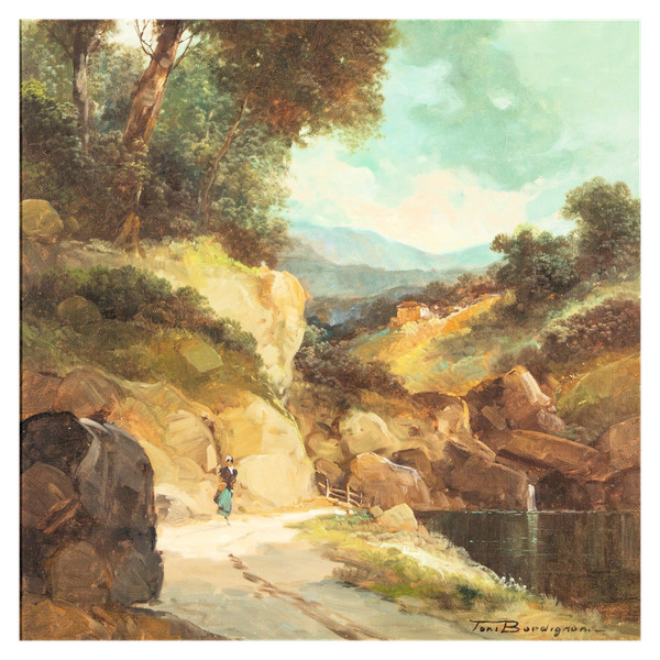 Tableau de paysage capriccio de TONI BORDIGNON (1921-), de style des Maîtres anciens