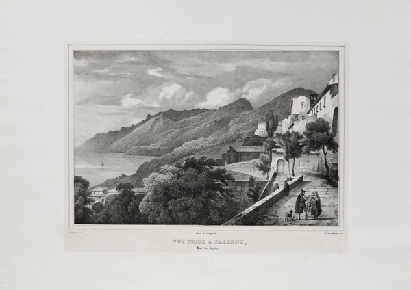 Italy View Of Salerno Landscape Lithograph After Jules Coignet 19th C Old Print