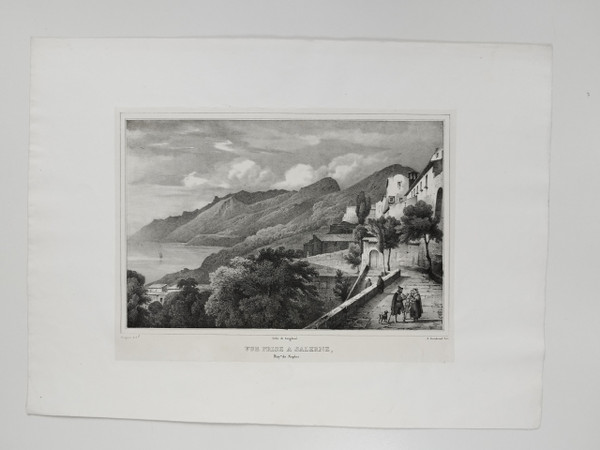 Italy View Of Salerno Landscape Lithograph After Jules Coignet 19th C Old Print