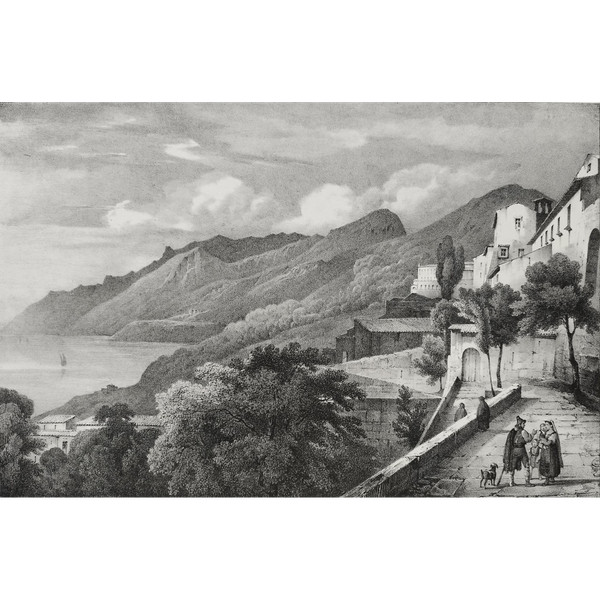 Italy View Of Salerno Landscape Lithograph After Jules Coignet 19th C Old Print