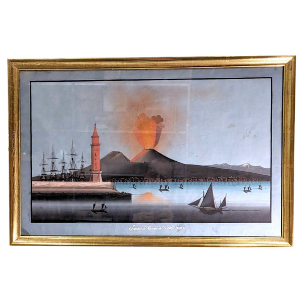 Gouache Napolitaine éruption Du 9 Octobre 1861 Du Vésuve d'époque XIXème