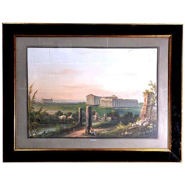 Large Neapolitan Gouache Temple Of Pesto 19th Century