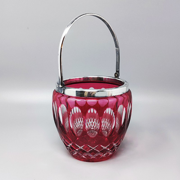 1960s Gorgeous Red Bohemian Cut Crystal Glass Ice Bucket. Made in Italy