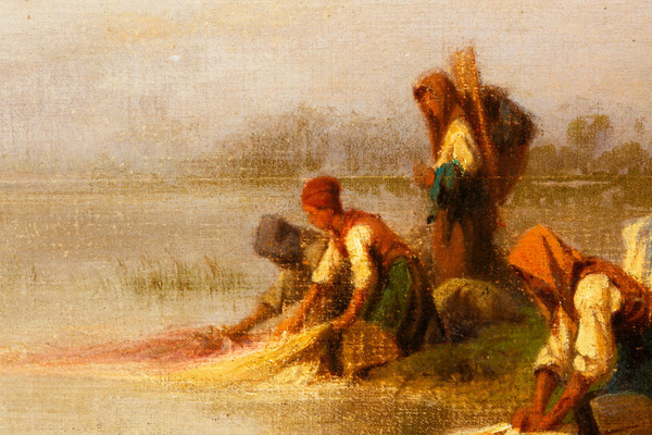 Lavandaie al fiume, olio su tela di Karl Girardet