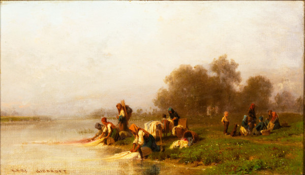 Lavandaie al fiume, olio su tela di Karl Girardet