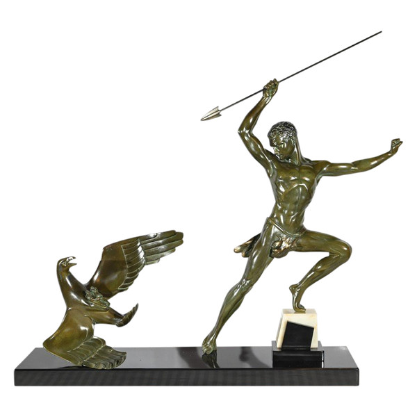 Bronzo "Caccia all'aquila", firmato J.de Roncourt, Art Déco - 1930